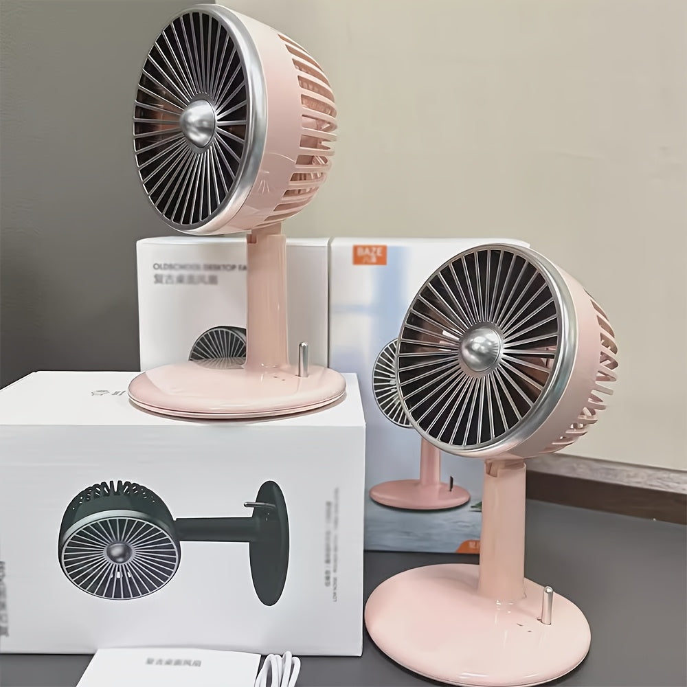 Get this essential Retro Pink USB Rechargeable Desktop Standing Fan, designed to be silent with three wind speed settings. This compact mini table fan is 90° adjustable and foldable, making it perfect for your home office.