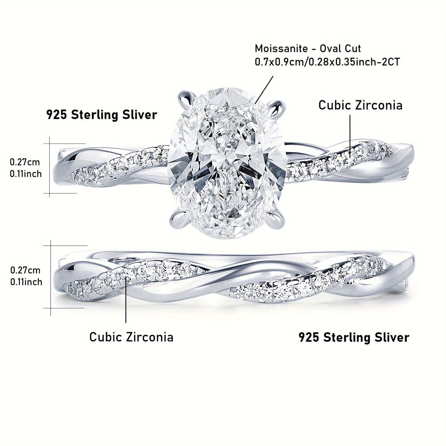 Weight: 5.48 grams, Main Stone: Oval 7x9mm Moissanite, Main Stone Weight: 2 carats, Set of 925 Pure Silver Women's Rings featuring a Moissanite main stone. The set includes a Moissanite Wedding Ring, Women's Wedding Ring, Engagement Ring with a twist arm