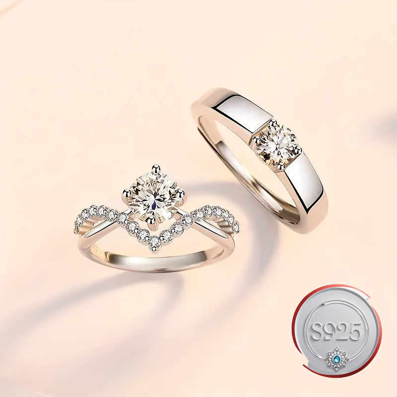 Timeless Connection, Graceful 925 Sterling Silver Crown Couple Rings embellished with 1 Carat Cubic Zirconia - Flexible Open Style suitable for both Men & Women, Ideal for everyday use or as a thoughtful gift