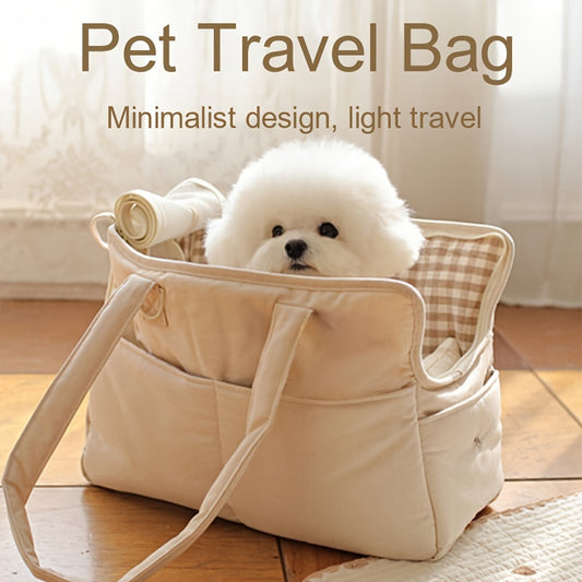 Fluffybaby Portable Pet Travel Bag: Lightweight and breathable design with zip closure. Beige polyester carrier with checkered interior, handle, and minimalist design for small dogs and