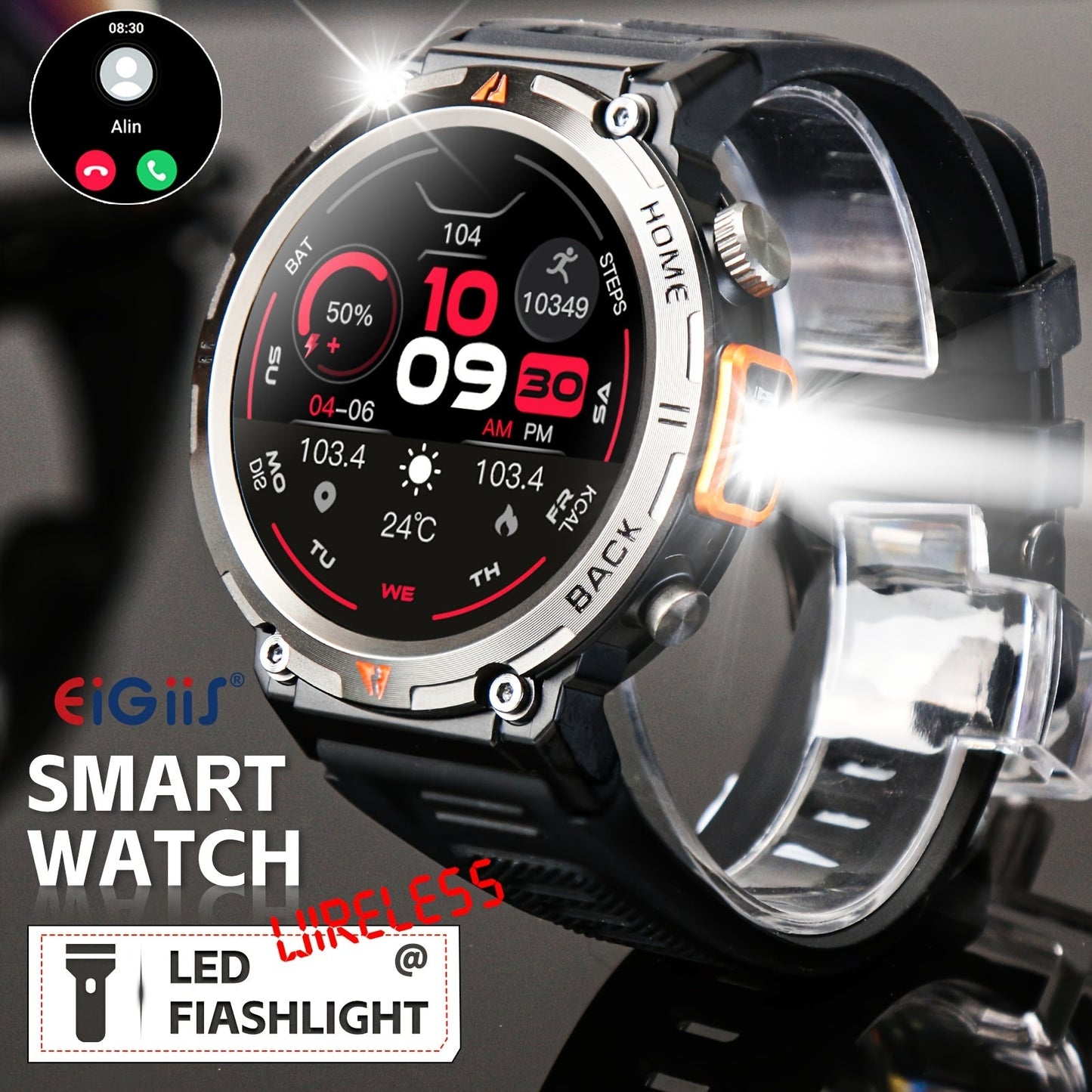 EIGIIS KE3 Men's Smartwatch offers a high-definition touch display, built-in LED flashlight, and the ability to receive calls and texts. It also includes a fitness tracker with a pedometer feature, designed for use with both iPhone and Android devices.