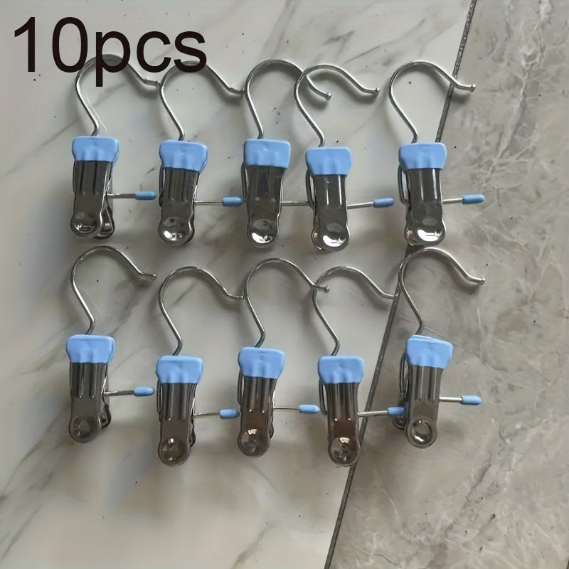 Set of 10 stainless steel laundry clips with swivel hook, versatile windproof clothes pegs for hanging socks, underwear, and accessories, efficient wardrobe organizer clips for saving space, and holding clothes securely.