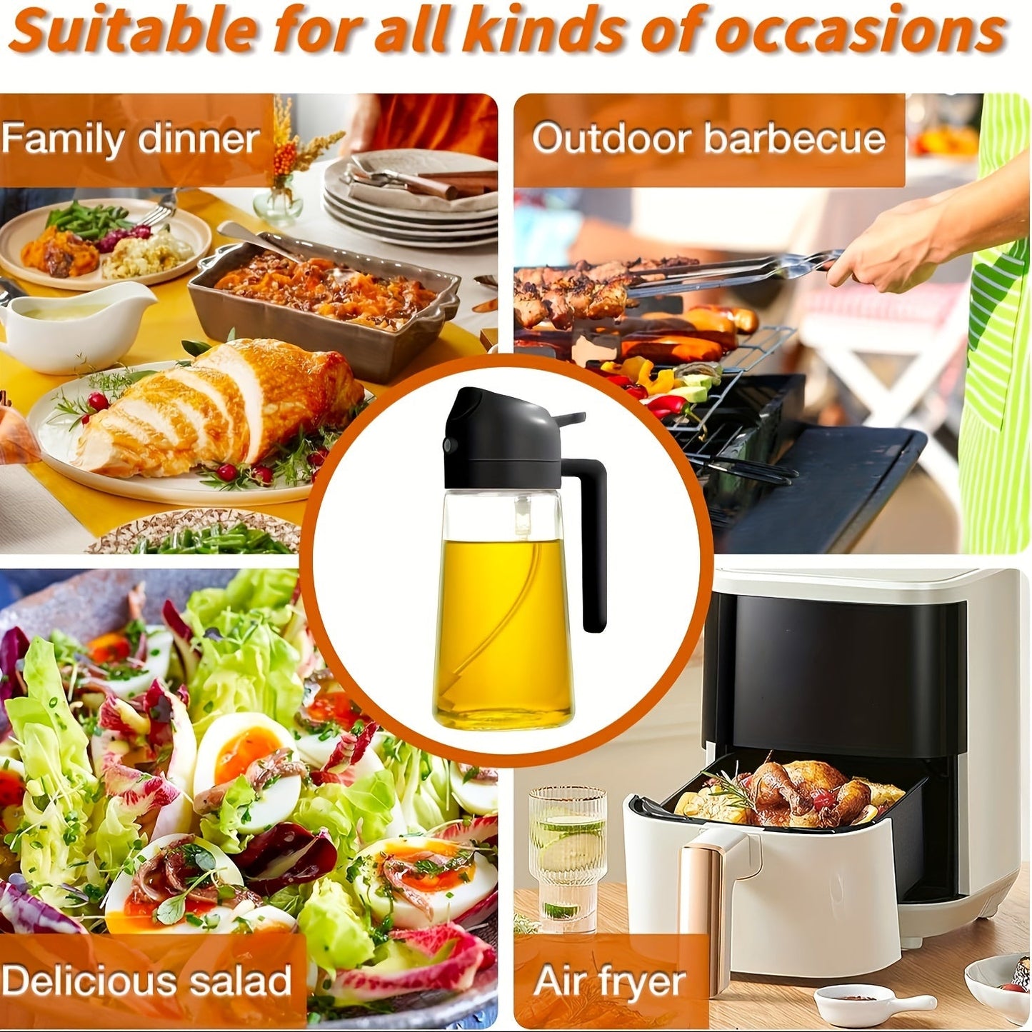 Olive Oil Dispenser and Sprayer Combo - 15.8oz BPA-Free Plastic, Ideal for Cooking, Salads, Frying, BBQs, Flavor Infuser, and Pouring Bottle