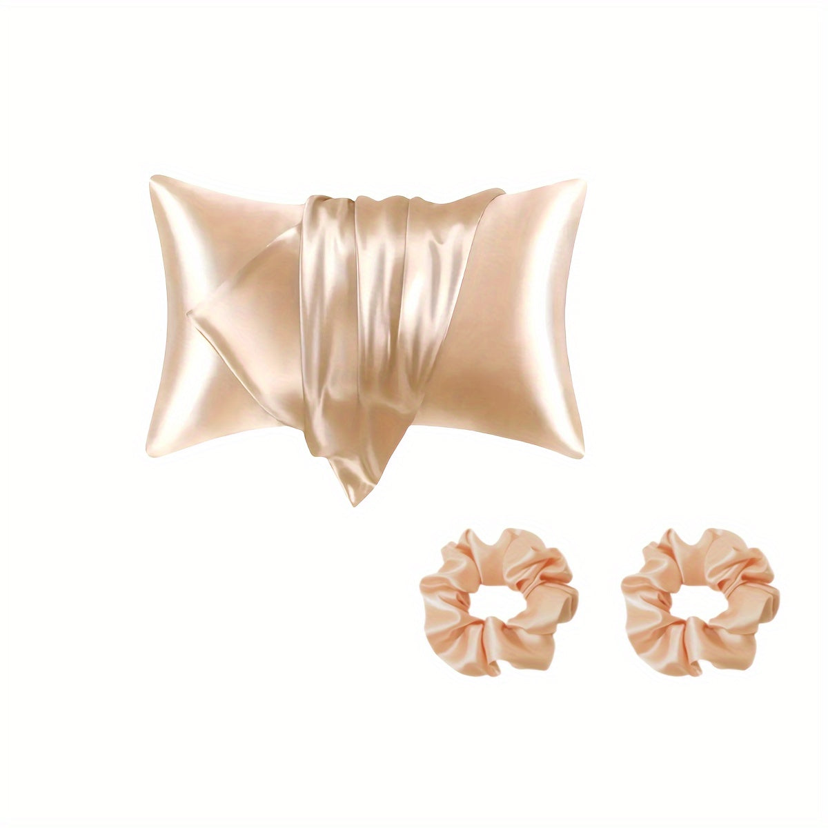 Luxurious satin pillowcase and hair scrunchies with minimalist design. Ideal for home, hotel, or bedroom use. Includes matching set of 2 scrunchies.