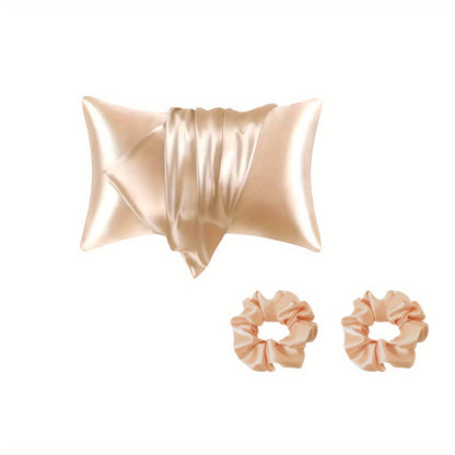 Luxurious satin pillowcase and hair scrunchies with minimalist design. Ideal for home, hotel, or bedroom use. Includes matching set of 2 scrunchies.