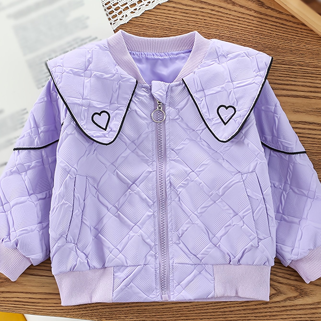 White polyester jacket with heart collar - perfect for spring/fall, casual zip-up outerwear for girls, machine washable.