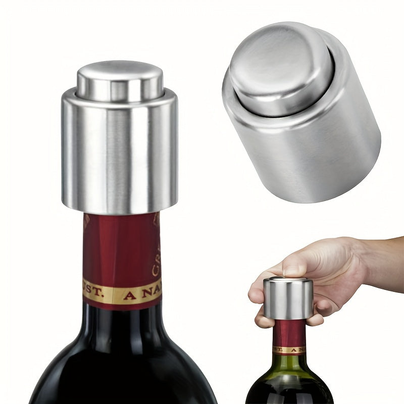 Stainless steel wine bottle stopper set with vacuum seal, perfect for preserving freshness. Great for home use or as a wedding gift.