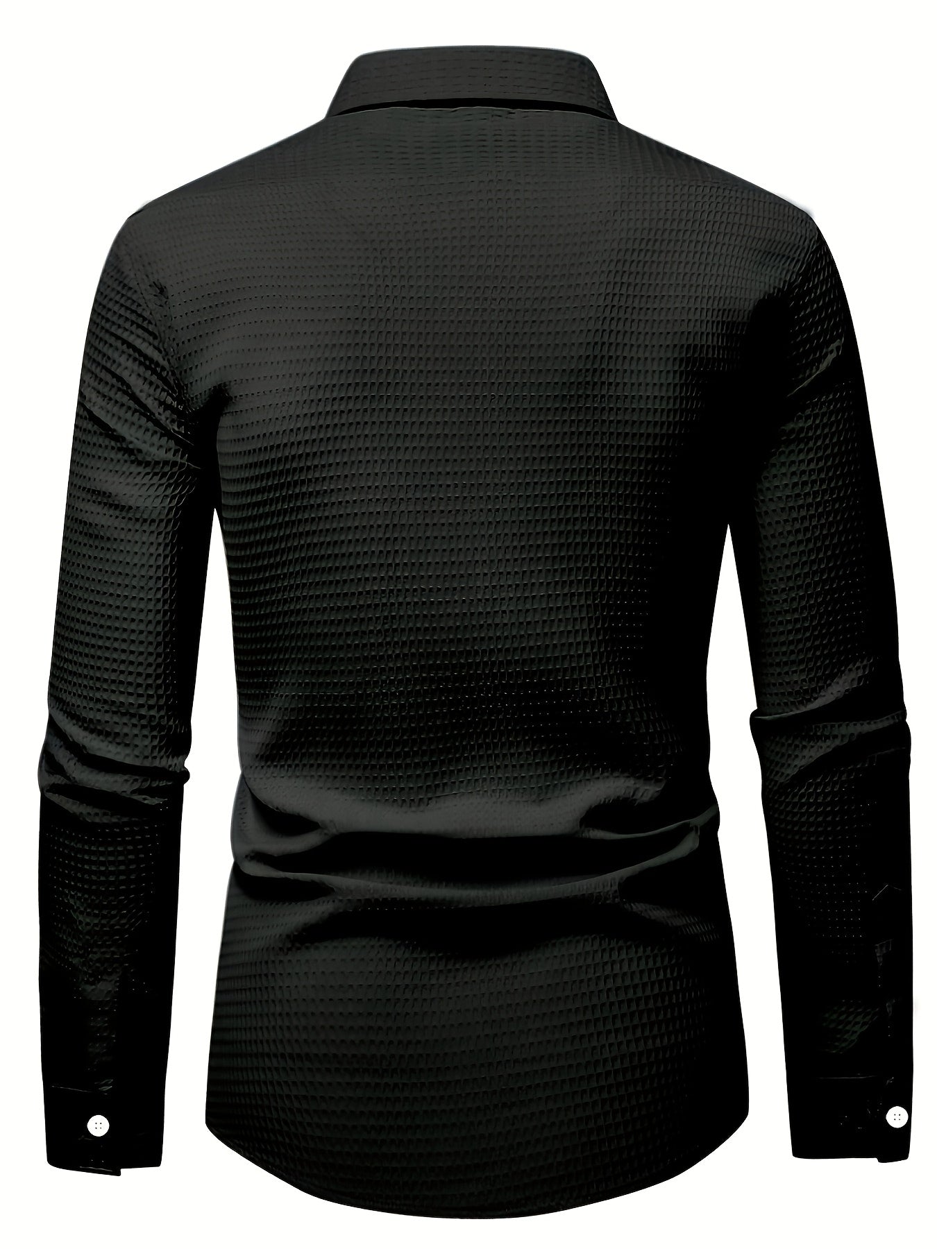 Men's long sleeve shirt in solid color with waffle knit design, 100% polyester, regular fit, lapel collar, button closure, slight stretch, 180gsm weight, ideal for fall season and available