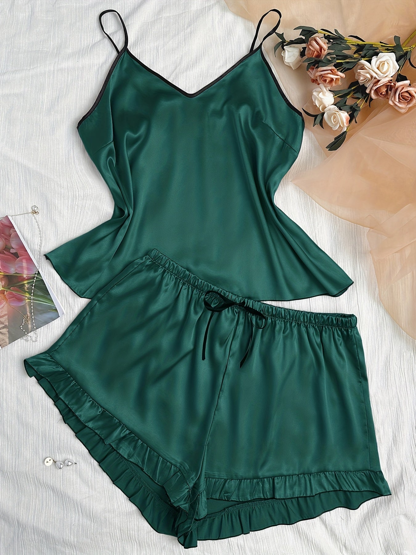 Plus Size Elegant Pajama Set, Women's Satin Cami Top & Ruffle Hem Shorts Two Piece Set