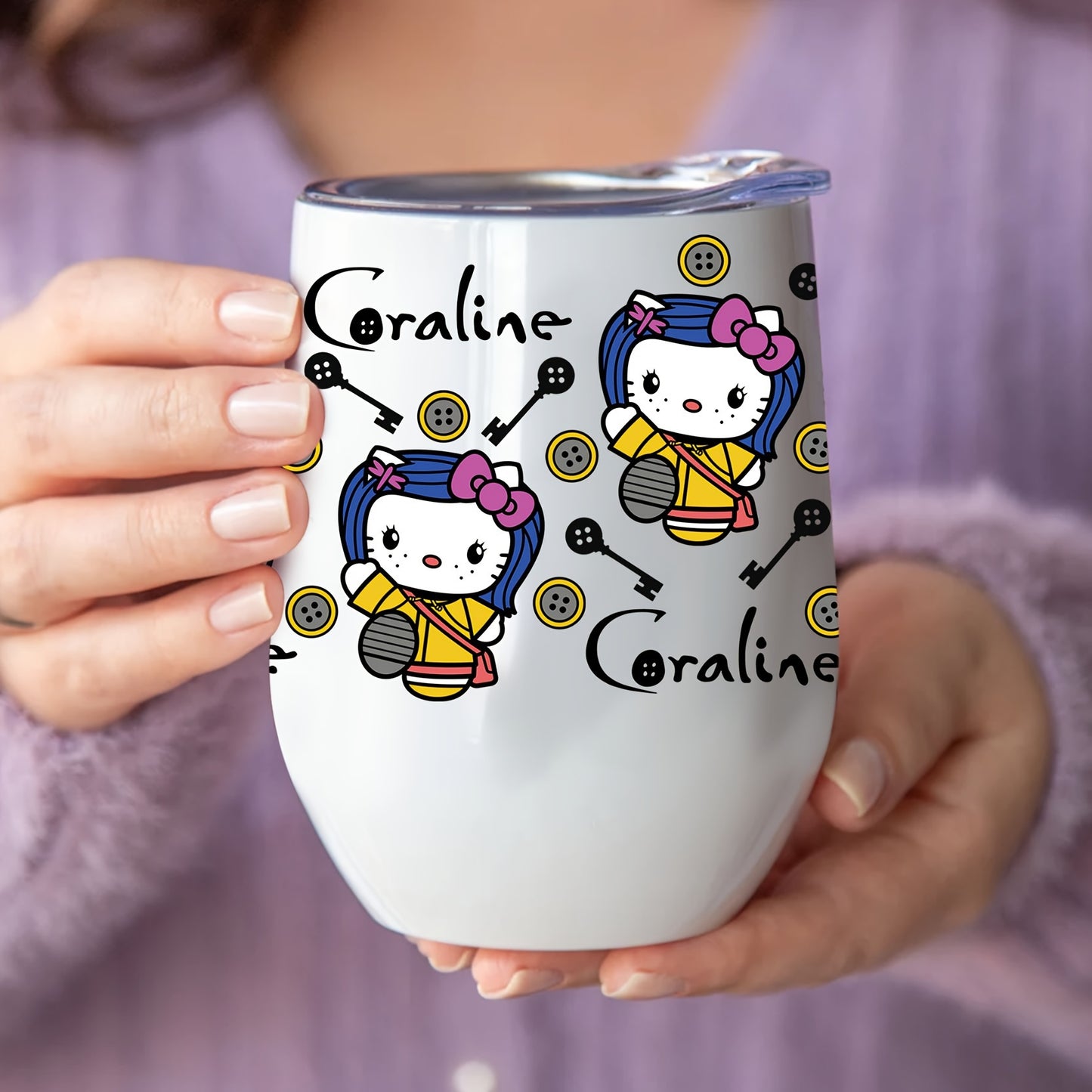 Hello Kitty & Coraline Stainless Steel Tumbler with Lid, 12oz Oval Leakproof Coffee Mug, Hand Wash Only, PVC Free, Perfect Christmas Gift.