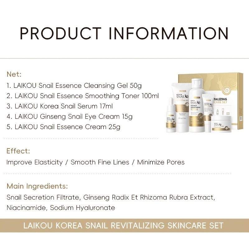 Korean Snail Revitalizing Skincare Set includes 5pcs & 10pcs; unisex adult skincare set with essence, serum, cleansing gel, and cream. Formaldehyde-free with glycerin for all skin types