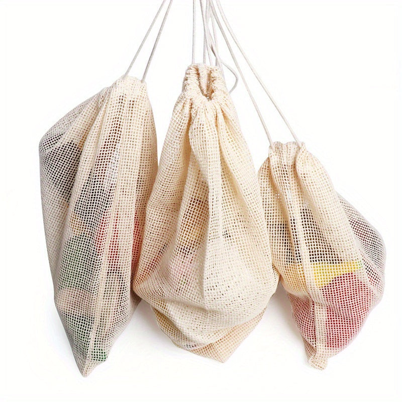 Reusable mesh vegetable bags, ideal for storing produce and gift-giving. Features a drawstring design for convenient access and organization. Great for reducing plastic waste.