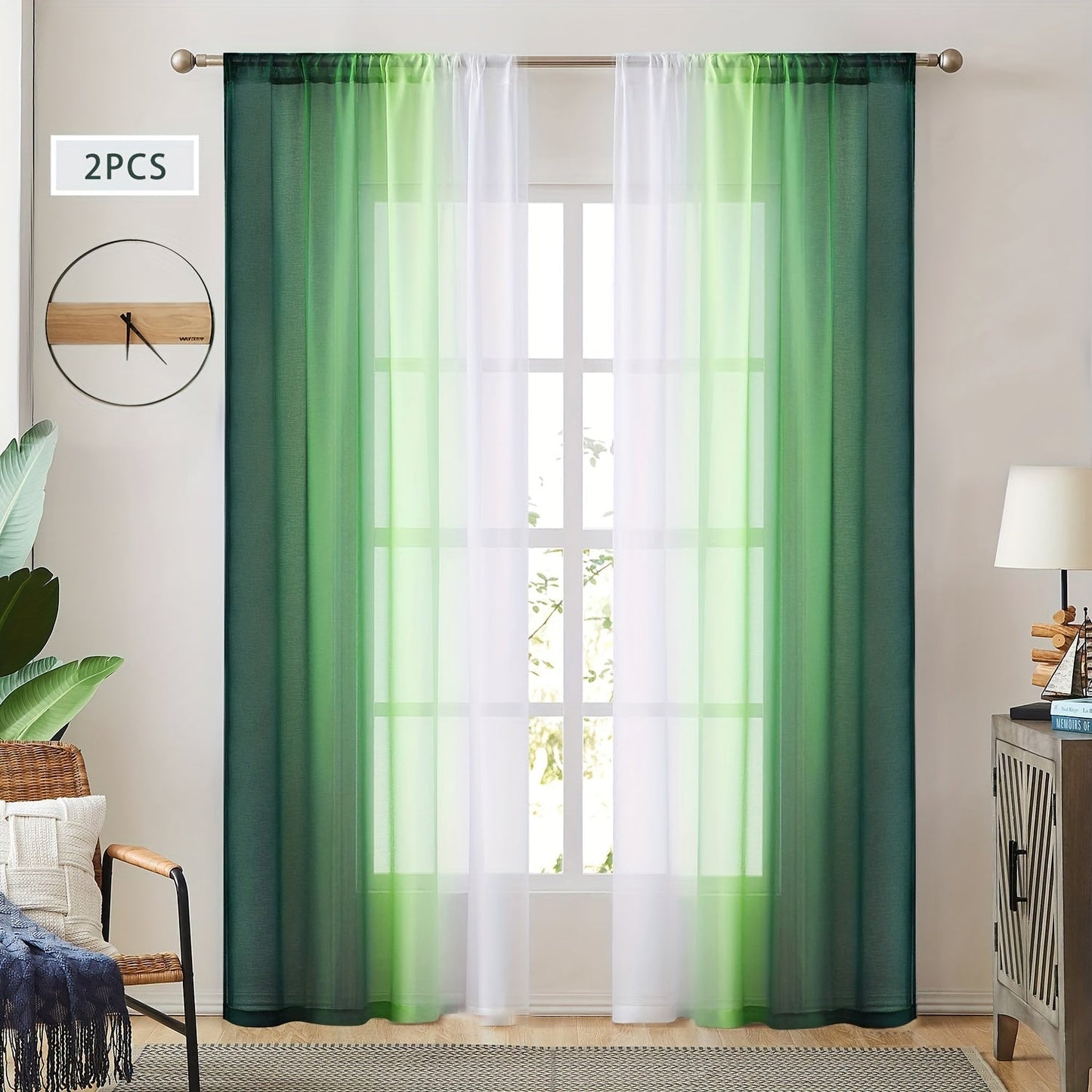 Two pieces of rod pocket curtains with a gradient style, made of transparent imitation linen material. These sheer curtains are perfect for adding a decorative touch to any bedroom, office, kitchen, living room, study, or home decor.