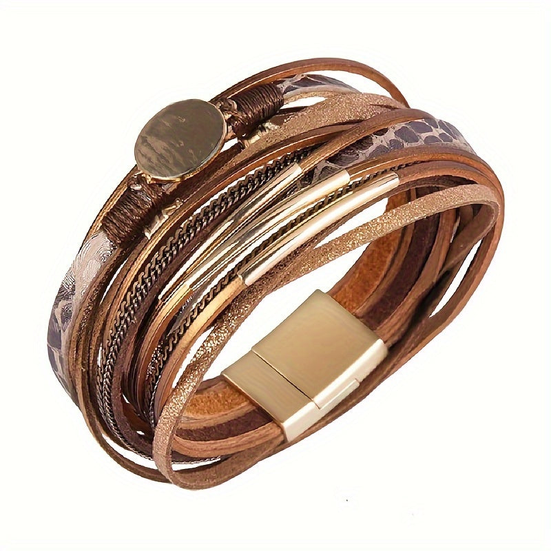 Women's Boho Chic Leather Wrap Bracelet with Multiple Synthetic Stone Layers, Gold-Tone Alloy Accents, and Magnetic Clasp - Perfect for Everyday Wear - Single Piece