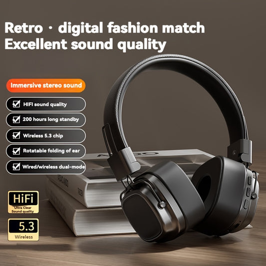 Vintage-style wireless headphones with quality sound, long battery life, fast charging, foldable design, and button volume control - perfect for music, sports, gaming, and DJing.