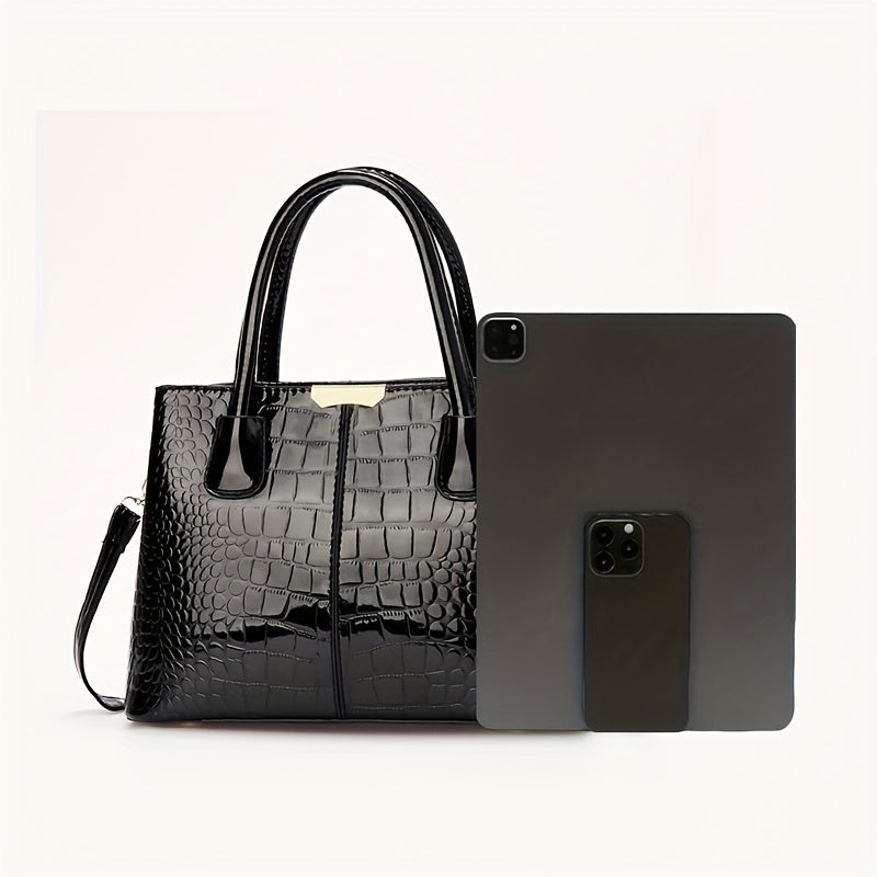 A glossy crocodile pattern handbag perfect for Mother's Day, Easter gatherings, and elegant commuting, with a large capacity and simple design.