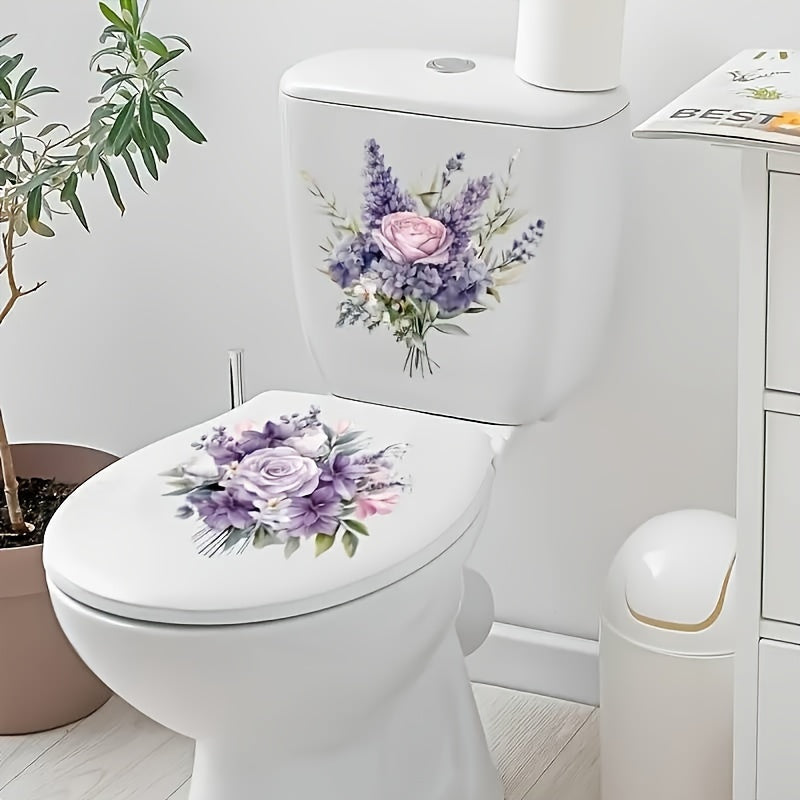 Purple floral and leaf bathroom decals for home decor, waterproof toilet lid stickers.