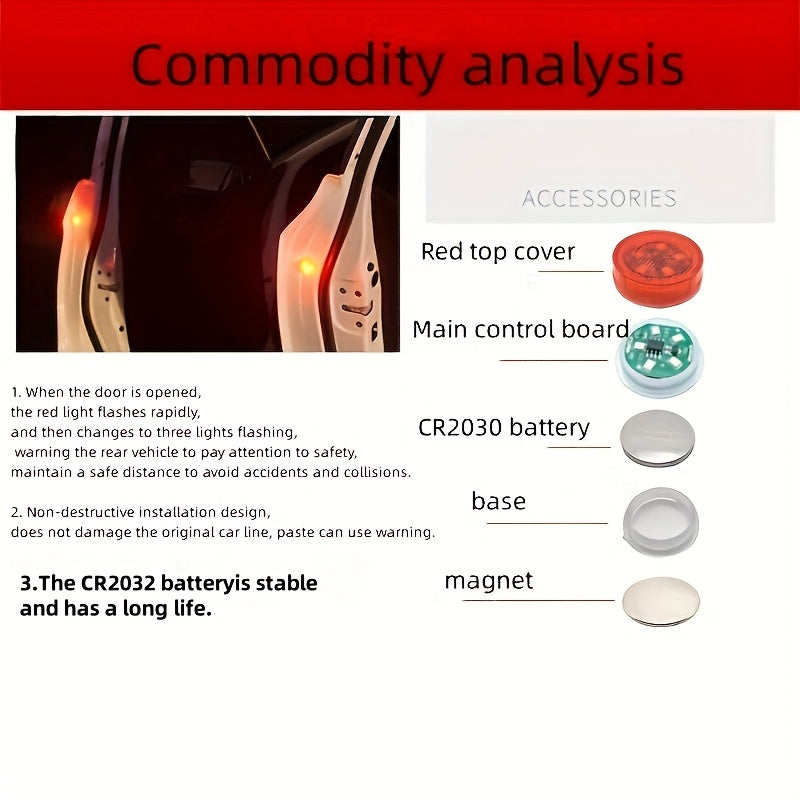 4 Red LED Car Door Lights with Circular Design and Patterned Surface for Enhanced Visibility and Easy Installation, Made of Durable Plastic for Safety and Aesthetic Appeal.