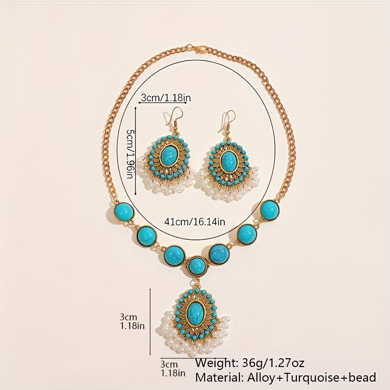 1 Boho style jewelry set featuring a pair of earrings, a necklace, and a ring. Inlaid with natural turquoise, this set is the perfect gift to complement any daily outfit.