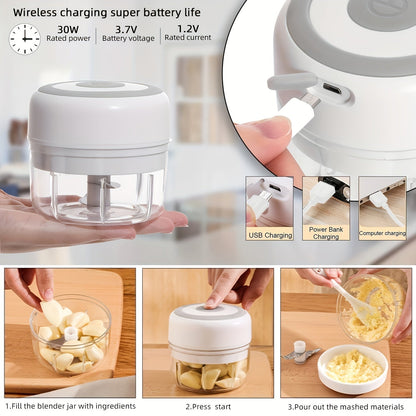 The RZSYZH Electric Mini Garlic Chopper is a convenient kitchen gadget with a 250ml capacity and USB rechargeable design. It features stainless steel square blades for efficient chopping of garlic, vegetables, nuts, and more. This portable food mincer is