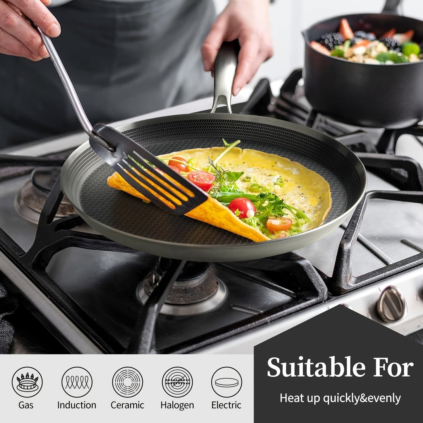 Dishwasher Safe Non-Stick 316 Stainless Steel Skillet with Honeycomb Texture, Perfect for Induction Cookers, Ideal for Oil-Free Cooking of Pizza and Steak