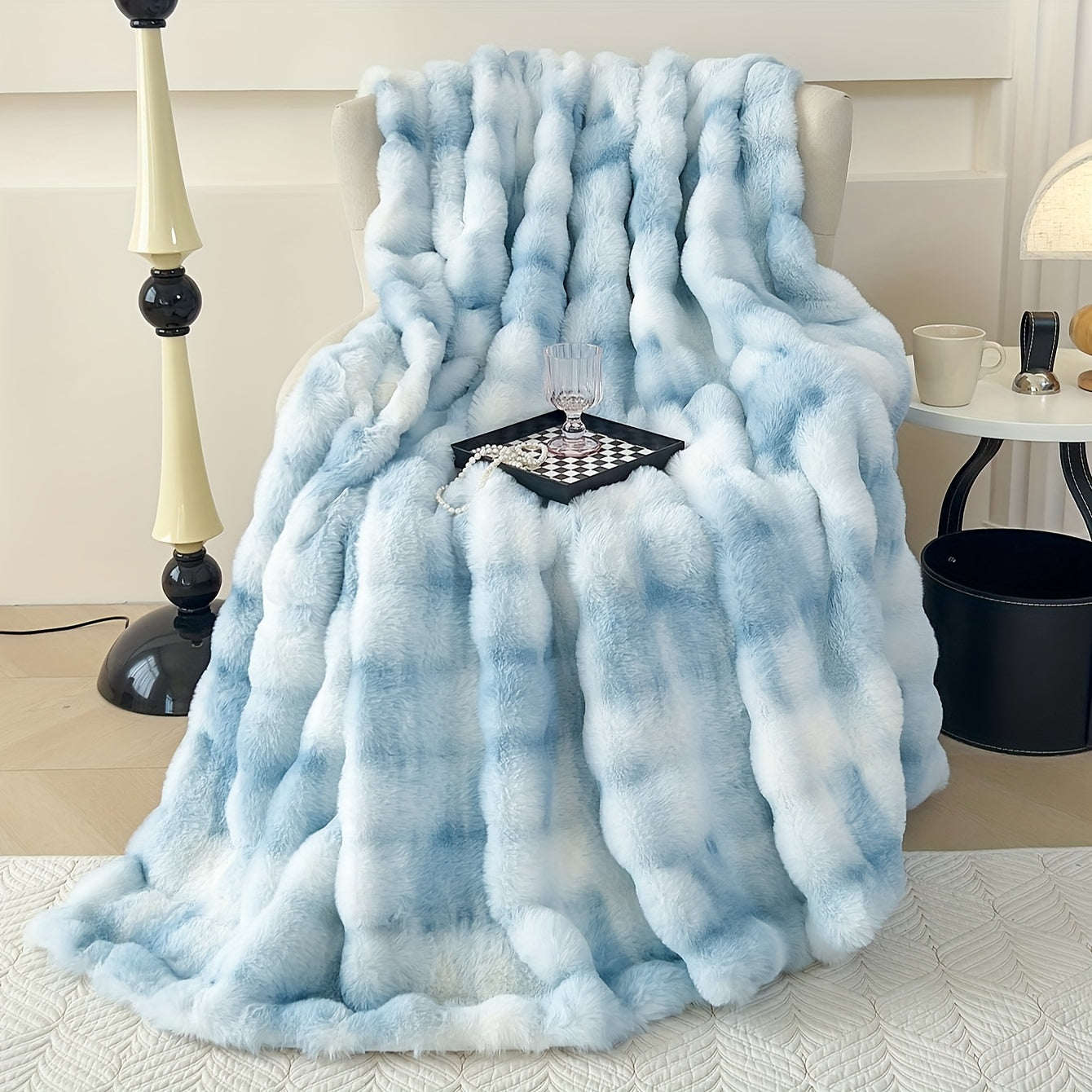 One piece of tie-dye faux rabbit fur blanket with shaggy short plush material for a soft, fluffy bed or sofa blanket, perfect for cozy naps and throws.