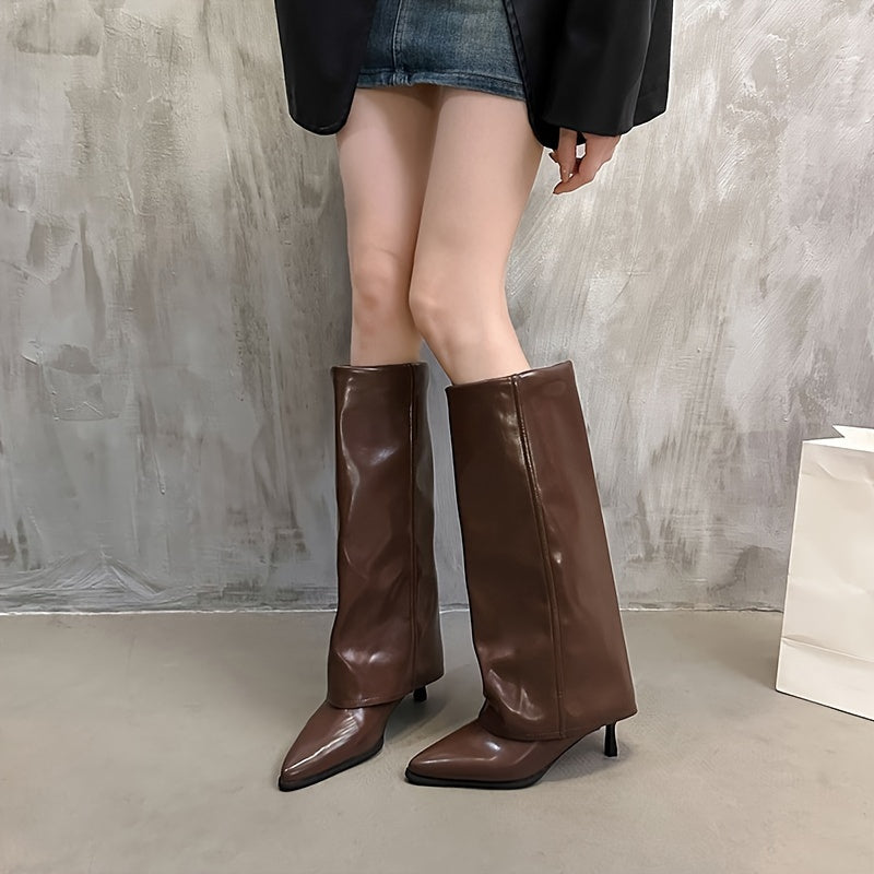 Stylish mid-calf stiletto boots for women in black, cream, and brown. Comfortable PU cover with rubber sole, perfect for daily wear and travel.