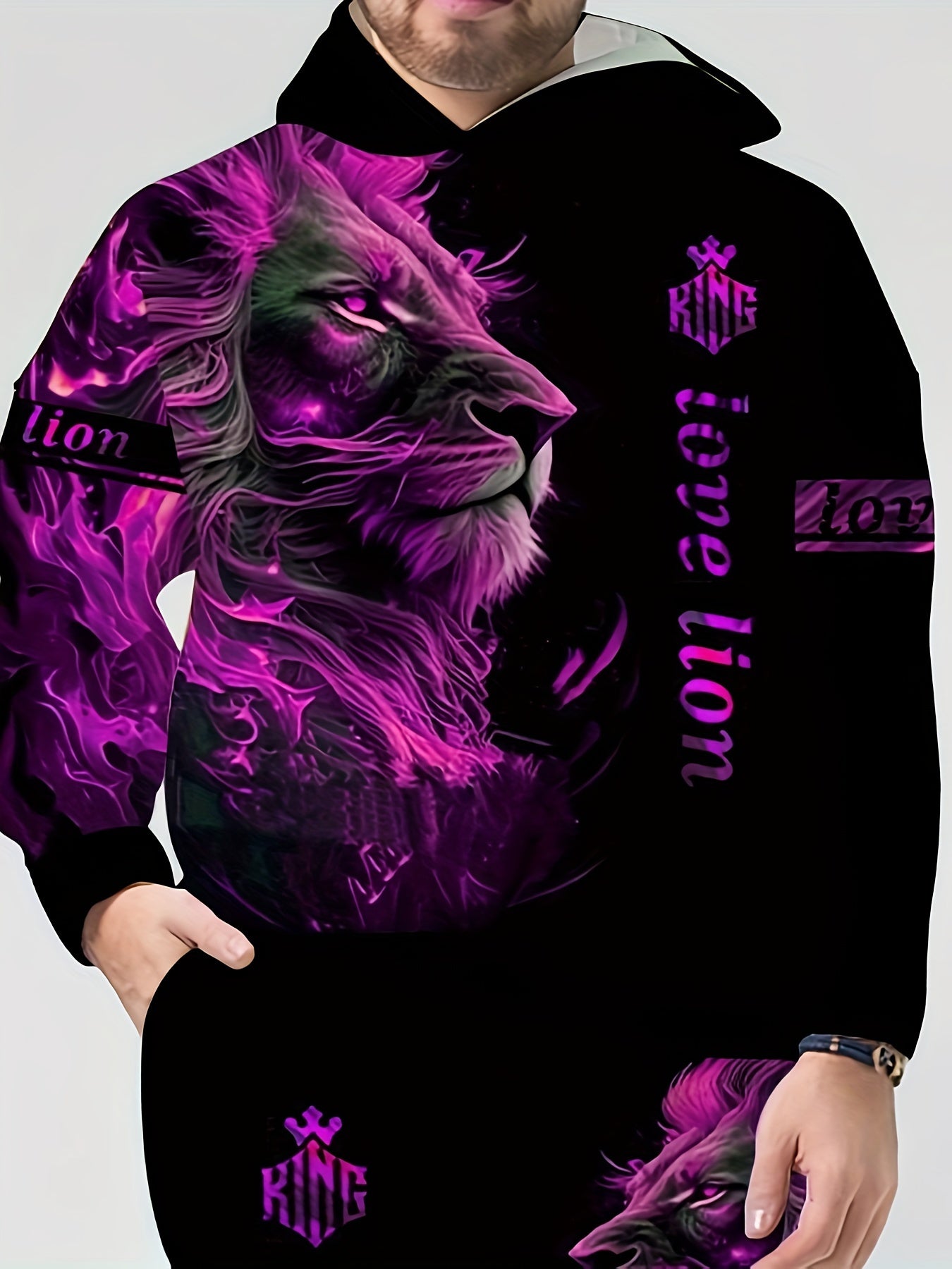 Plus size men's lion print hoodie and sweatpants set for fall/winter.