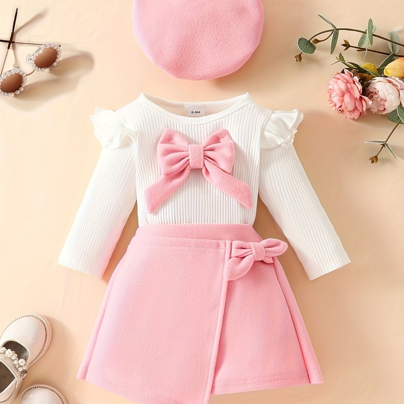 Adorable bowknot top, beret, and skirt set for toddler and infant girls, perfect for winter and fall.