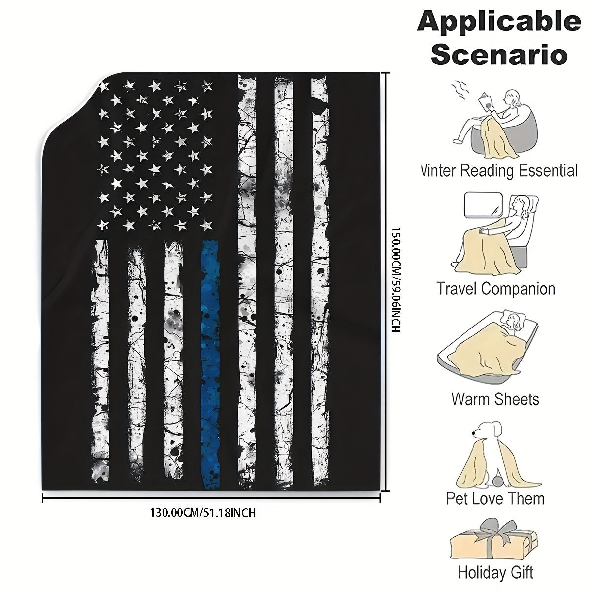 One Thin Blue Line American Flag Flannel Print Throw Blanket, Suitable for All Seasons, Easy to Clean in Washing Machine, Modern Design, Versatile Use, Made of Soft Fabric, Weighing 200-250g, Ideal for Bedroom, Living Room, or Sofa, Great Gift Option.