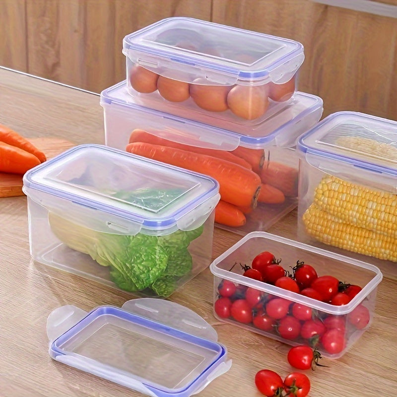 4 pieces of BPA-free plastic food storage containers with snap-on lids, airtight seals, transparent design, stackable for easy storage, and safe for use in both the freezer and microwave. Perfect for organizing your kitchen and pantry for meal prep.