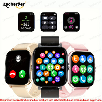 Zacharyer Full-Screen Touch Smartwatch with call alerts, multiple sports modes, Android & iPhone compatibility, lithium battery, modern square design, silicone band, colorful display