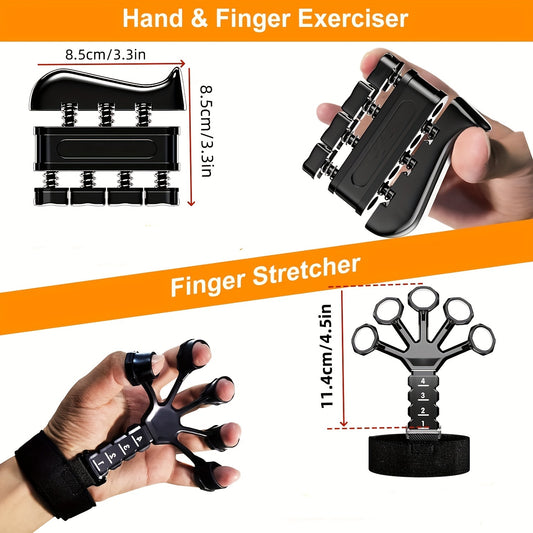 Hand Grip Strengthener Kit includes 5 pieces: Grip Strength Trainer, Forearm Trainer, Adjustable Finger Stretching Rope, Grip Ring, and Grip Ball.