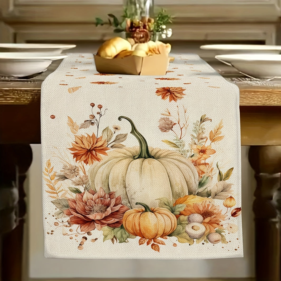 1 piece of Autumn Harvest Festival Linen Table Runner, 33.02cm x 182.88cm, Thanksgiving and Fall Season Decor, Pumpkin Design, Knit Fabric made of 100% Polyester. Ideal for Indoor and Outdoor Parties.