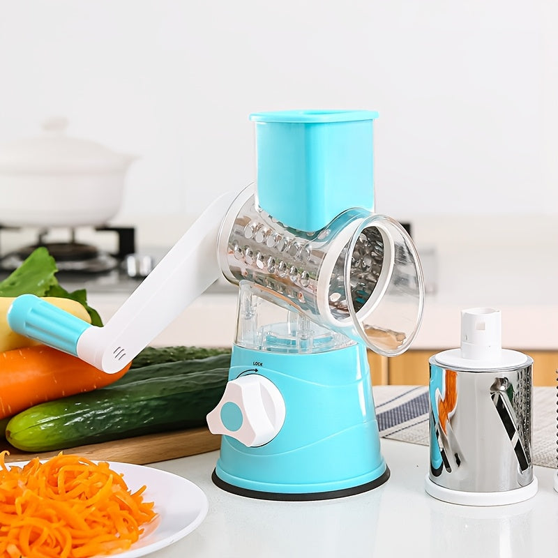 Three-in-One manual cheese and vegetable grater made of durable plastic with interchangeable shaving rollers, suitable for kitchen, camping, and RV use. Easy to use, rustproof, and easy to