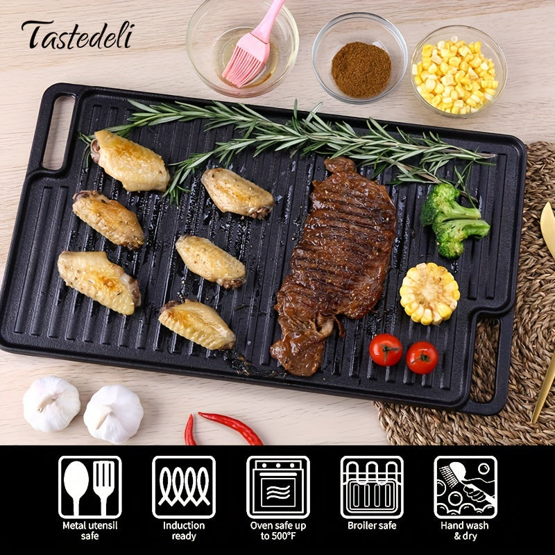 Introducing the Tastedeli 45.72x25.4cm Pre-Seasoned Cast Iron Double Grill/Griddle! Ideal for Outdoor Camping, Picnics & BBQs - TASTEDELI