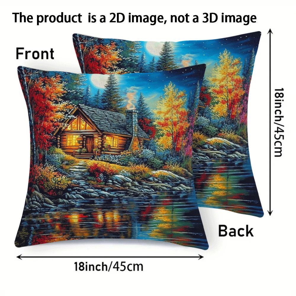 Set of 2 Contemporary Flannel Pillow Cases, 45.72x45.72 cm, Featuring Lakeside Lodge Scenery, Easy to Clean in Washing Machine, Zippered Closure, Ideal for Year-Round Comfort for Those Who Sleep on Their Back, Adds Style to Indoor and Outdoor Sofas