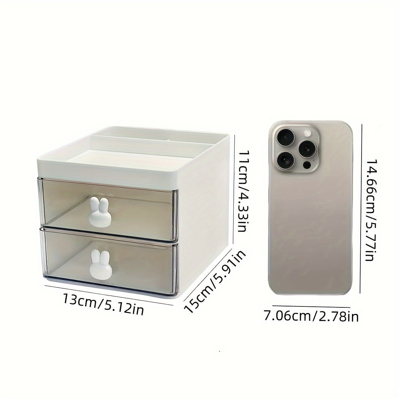 Chic white cosmetic storage box with rabbit handles, 2-drawer desktop organizer for makeup, jewelry, and office supplies. Transparent compartments, lightweight, and easy to assemble. Ideal gift for women.