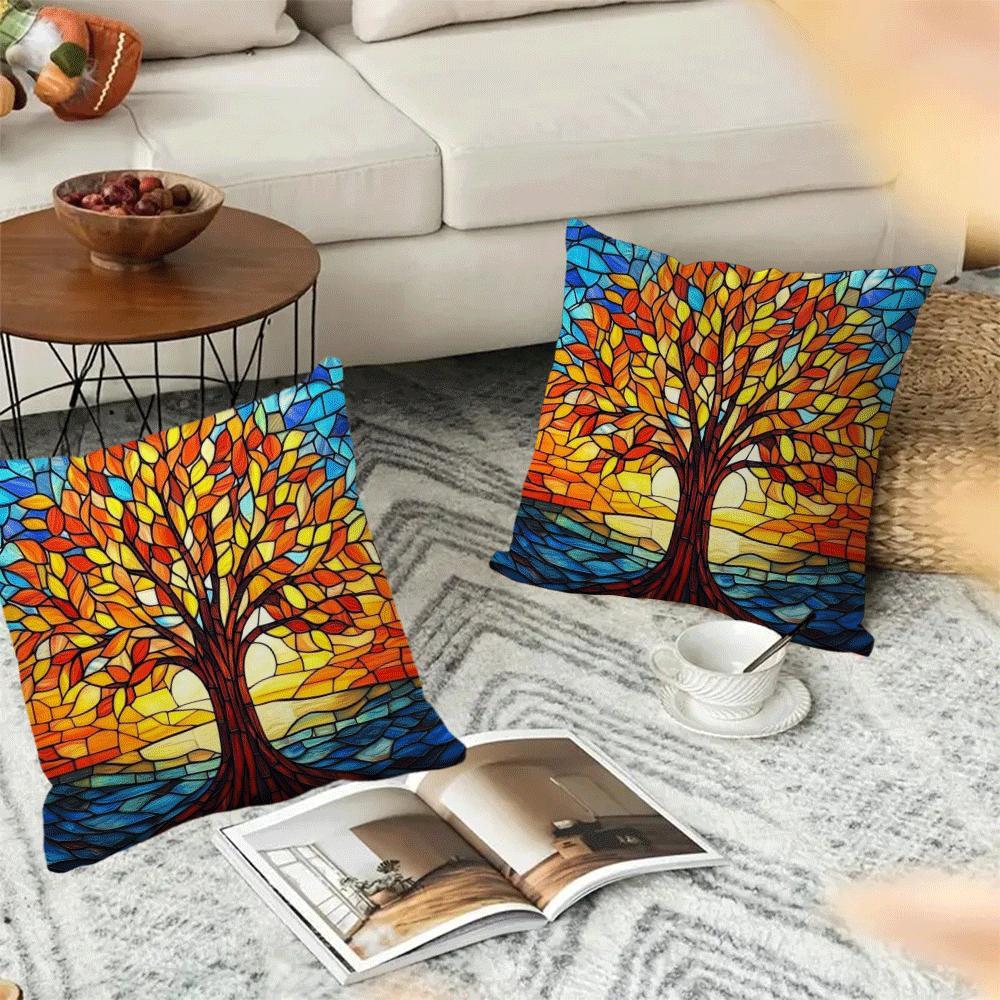 Two pieces of Autumn Tree of Life plush pillow covers measuring 45.72x45.72cm - Suitable for use on sofa, bedroom, and outdoor spaces. Features zip closure and is machine washable.