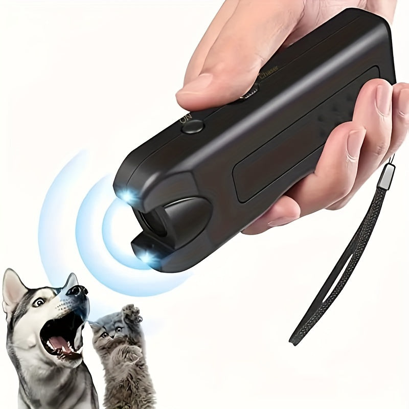 Battery-powered handheld ultrasonic dog bark deterrent with LED for behavior control, ≤36V safe and effective bark stopper.