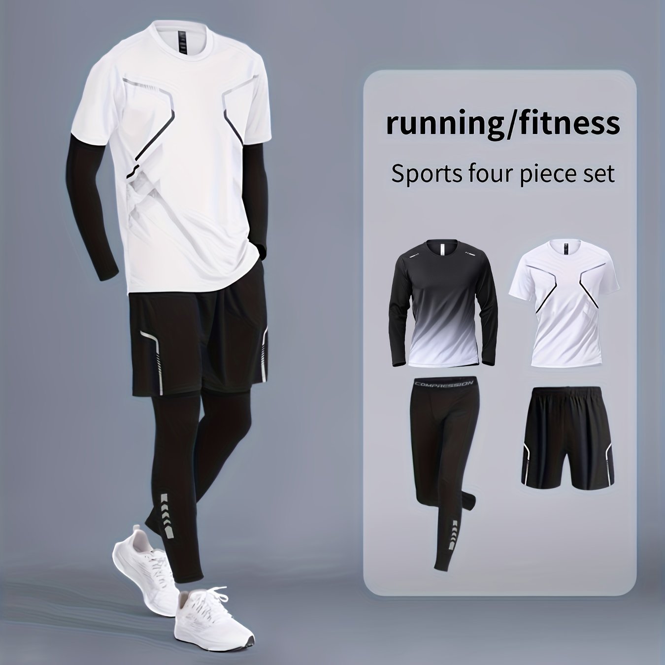 Men's sportswear set for running and gym, designed for all seasons with quick-dry fabric. Perfect for morning runs and cycling with tight-fitting gear.