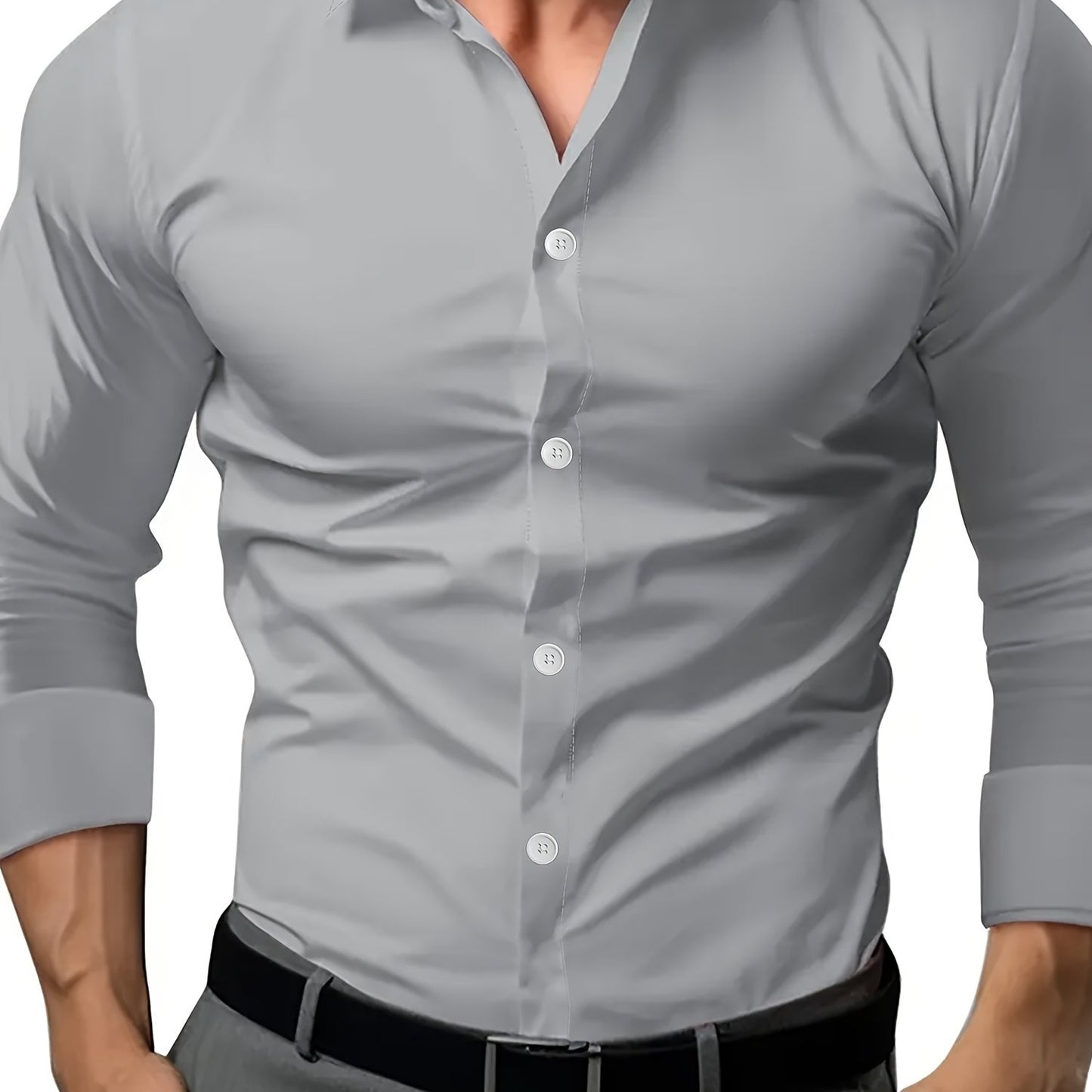 Men's dark gray dress shirt in semi-sheer polyester, perfect for business or formal events in spring and fall.