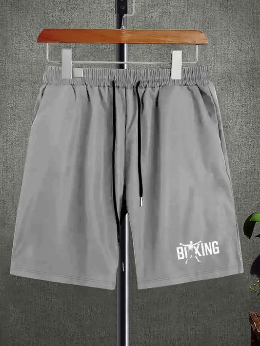 Big & Tall boxing fighter casual shorts in polyester fabric with pockets, non-stretch, woven regular fit, random print design in plus size.