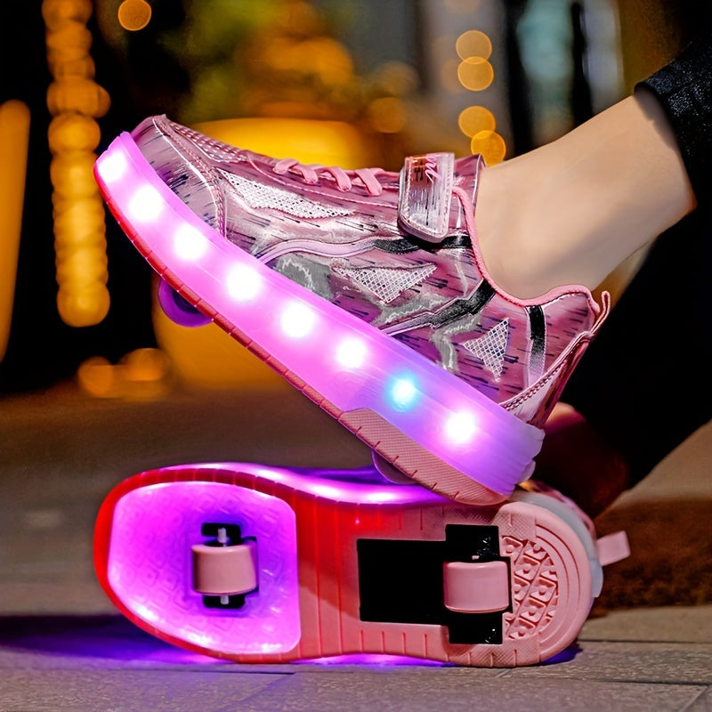 Pink LED light-up roller skates for girls with rechargeable batteries, adjustable brightness, star pattern, double wheels, and hook-and-loop fastener closure, suitable for all seasons.