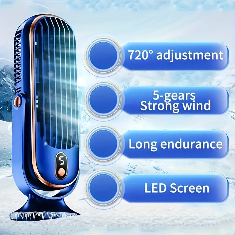 TENGQU Portable USB Desktop Fan - Dual Blade, 5-Speed Adjustable with 360° Rotation, Perfect for Home, Office, Travel, and Camping.