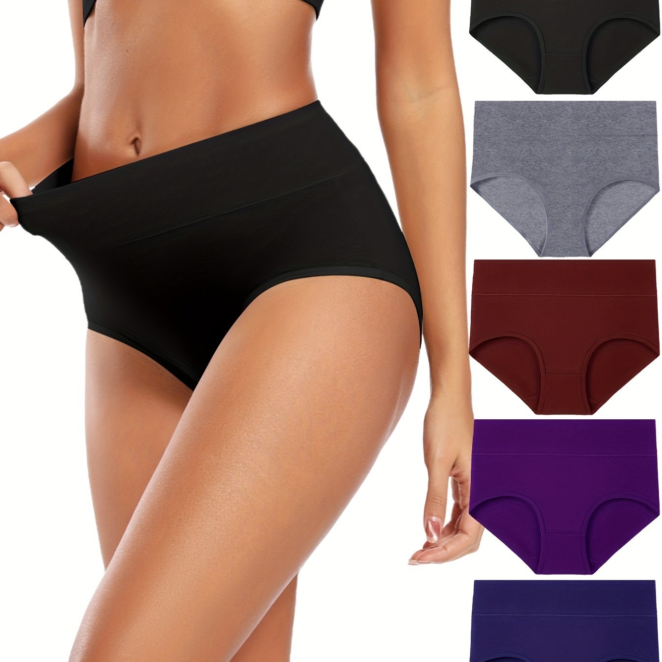 5 Women's High-Waist Briefs in Assorted Colors - Soft blend, stretchy, non-see-through knitted fabric