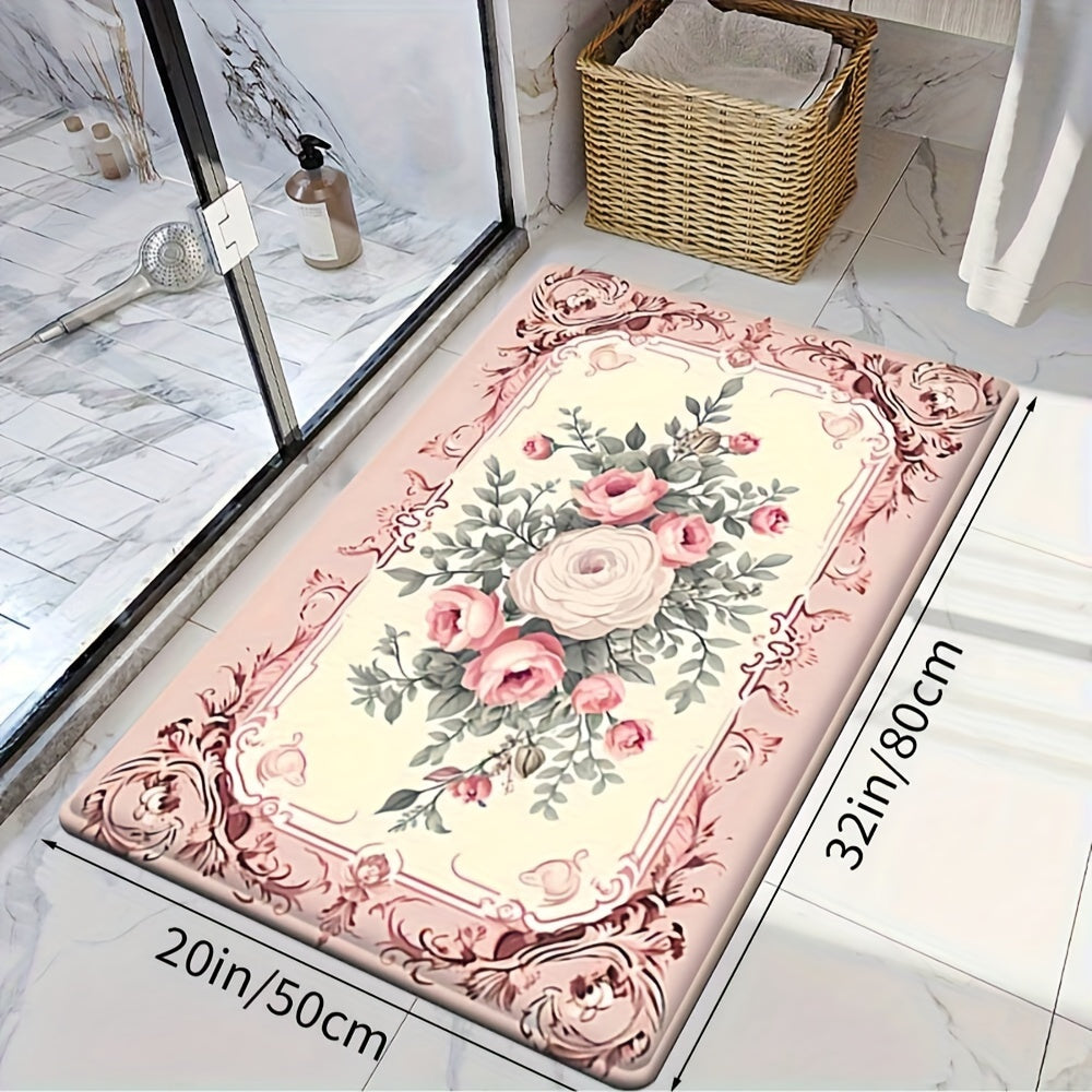 French Country Floral Mat - This decorative absorbent mat is perfect for kitchen, bath, and living room use. The machine washable rug features a non-slip PVC backing and is made from polyester. The woven 600gsm rectangle mat is ideal for entryways and