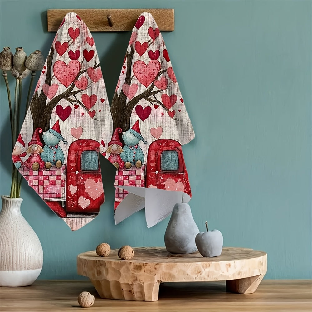 Pair of 2 ultra-soft kitchen towels featuring a Valentine's Day truck design with gnomes, ideal for holiday decor. These highly absorbent dish towels are machine washable and measure 40.64x60.96 cm.