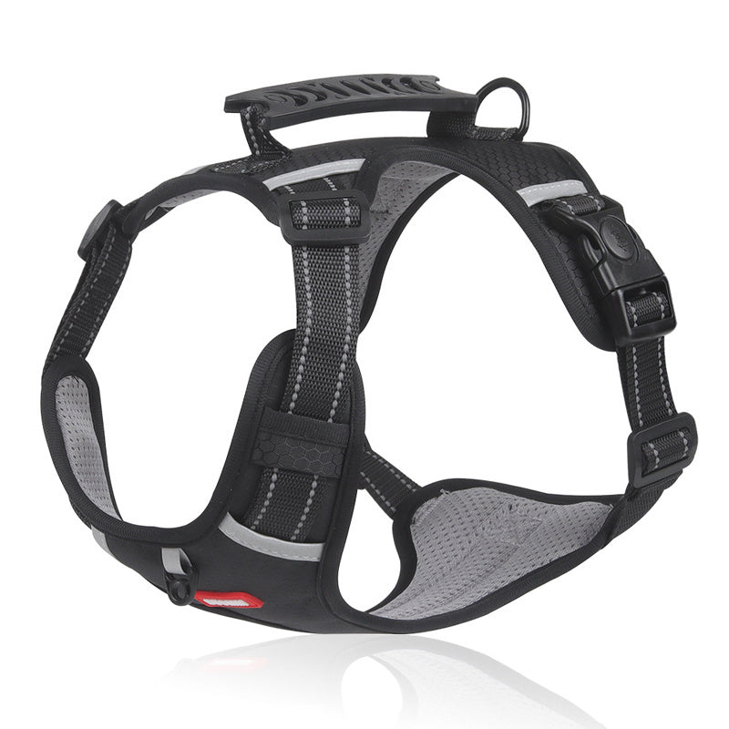 Adjustable no-pull pet harness with easy control handle for dogs and cats, prevents choking and pulling, comfortable and secure fit for large breeds.