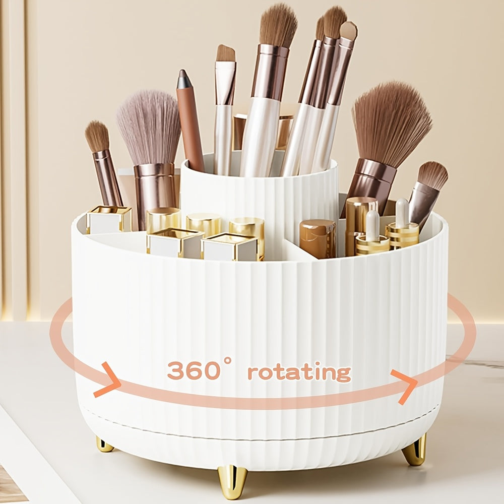 360° Rotating Makeup Organizer with 5 compartments for brushes, lipsticks, skincare, and stationery. Durable unscented desk caddy with luxury stripe design.